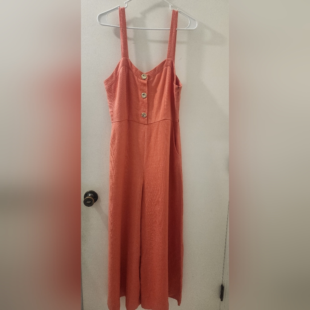 Uterqüe Stylish Orange Jumpsuit with Button Detail, Size 28, Linen.